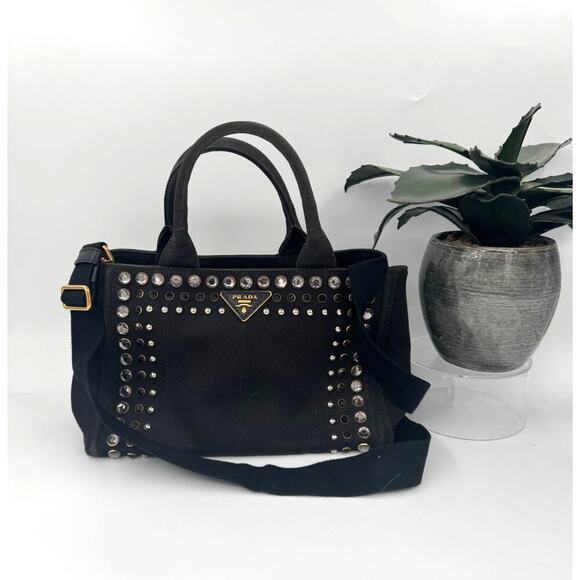 Prada Canapa Studded Black Canvas Tote Bag with Strap crystals - Picture 1 of 9